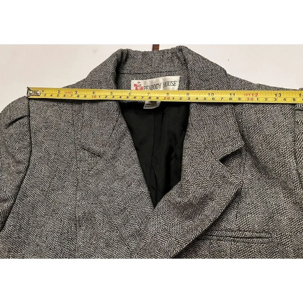 PEABODY HOUSE Blazer Jacket Womens Jrs Sz 7/8 Herringbone‎ Tweed Black Gray Vtg